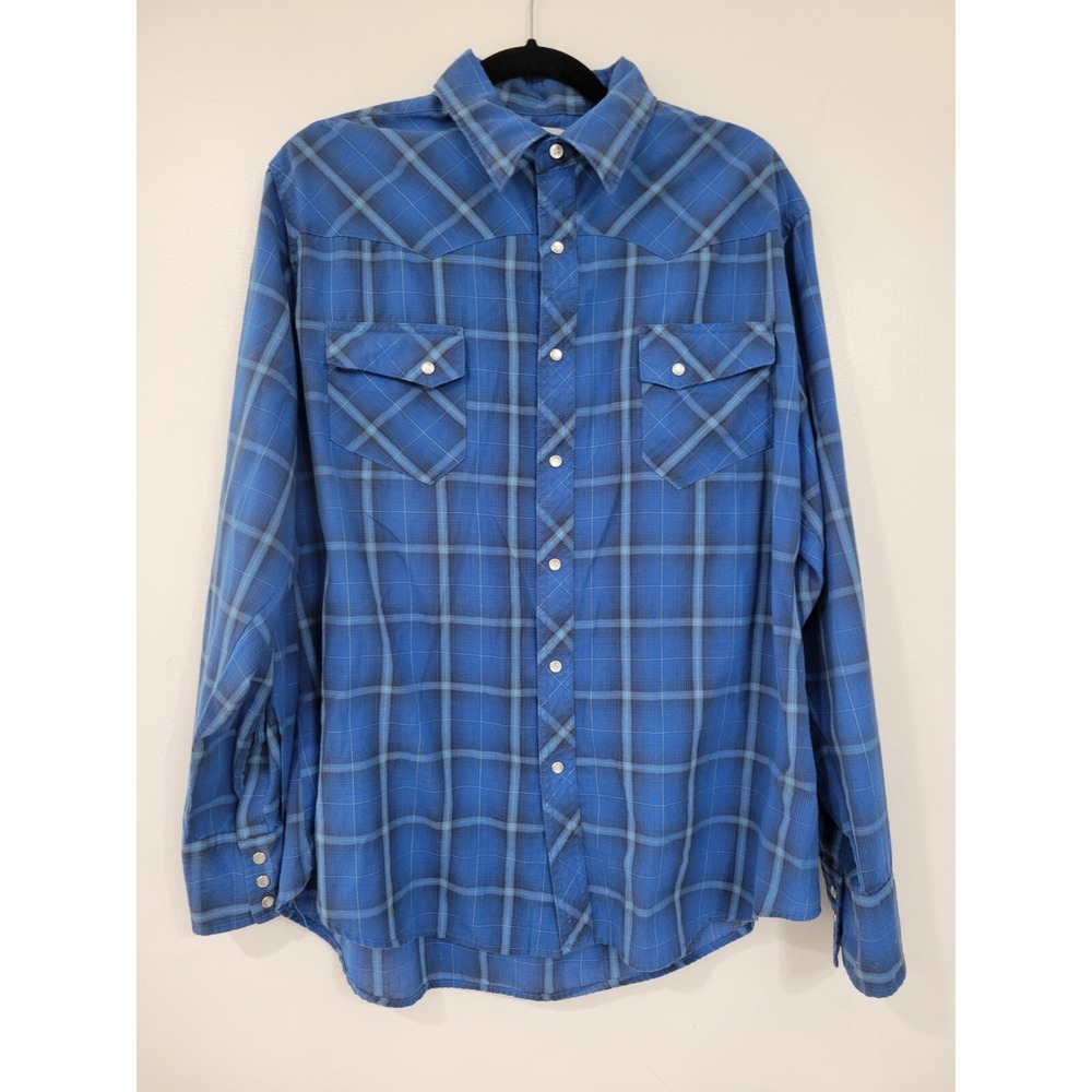 Wrangler Wrancher Shirt Blue Plaid Pearl Snap Long Sleeve Shirt XL